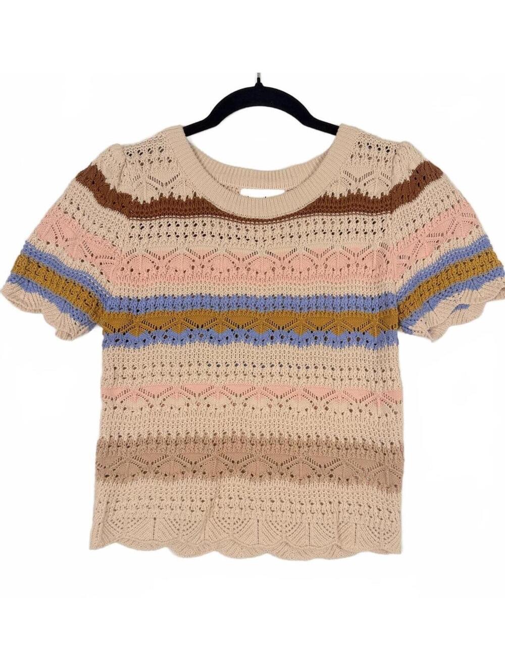 Heartloom Open Knit Short Sleeve Sweater Crochet Scallop‎ Striped Top Small